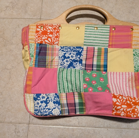 Lilly Pulitzer Patchwork Bag Wooden Handle Rare Multcolor Cotton